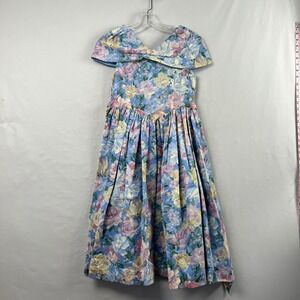 Vintage Floral Portrait Collar Midi Dress size XS Blue Pink Back Tie Sash